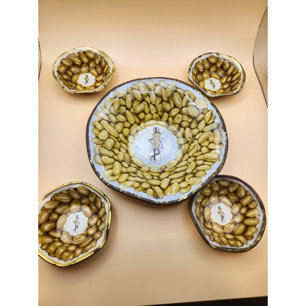 TitleVintage Planters Mr. Peanut Tin Litho Snack Nut Bowl Set of 5 Mid Century